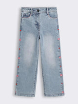 Girls Side Floral Embroidered Denim Jeans