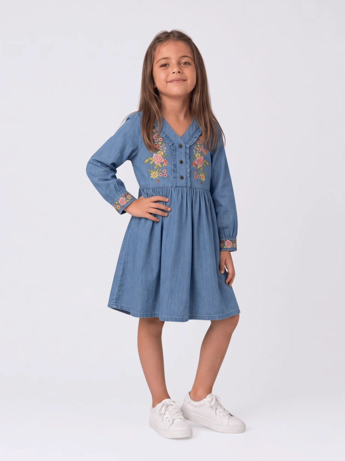 Girls Denim Full Sleeve Knee-Length Dress with Contrast Embroidery
