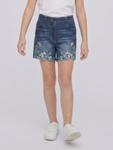 Girls Embroidered Denim Shorts with Scallop Detailing