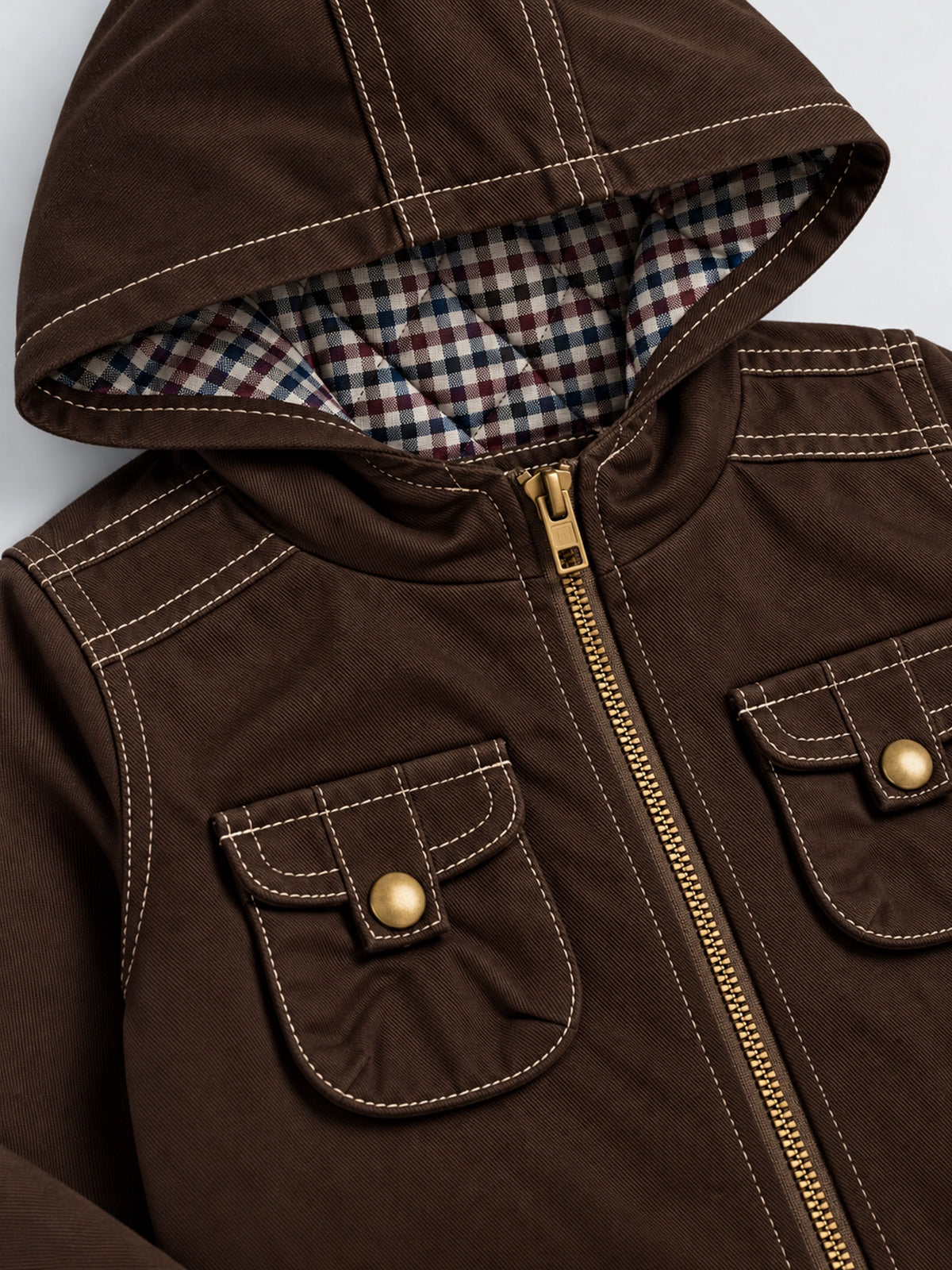 Baby Boys Hooded Twill Jacket with Quilted Check Lining and Utility Pockets