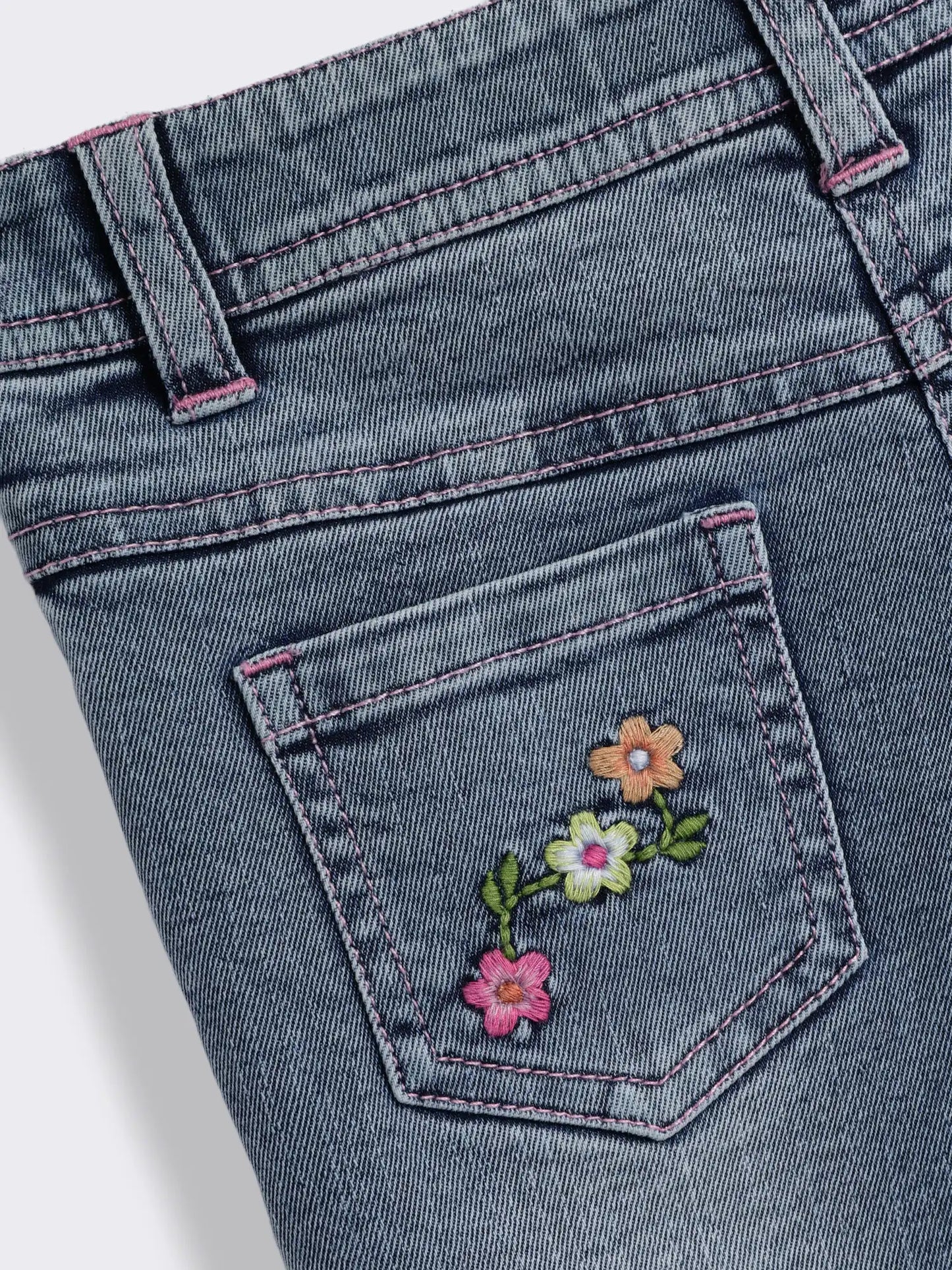 Girls Striped Floral Embroidery Top with Floral Embroidery Washed Denim Shorts 2-Piece Outfit Set