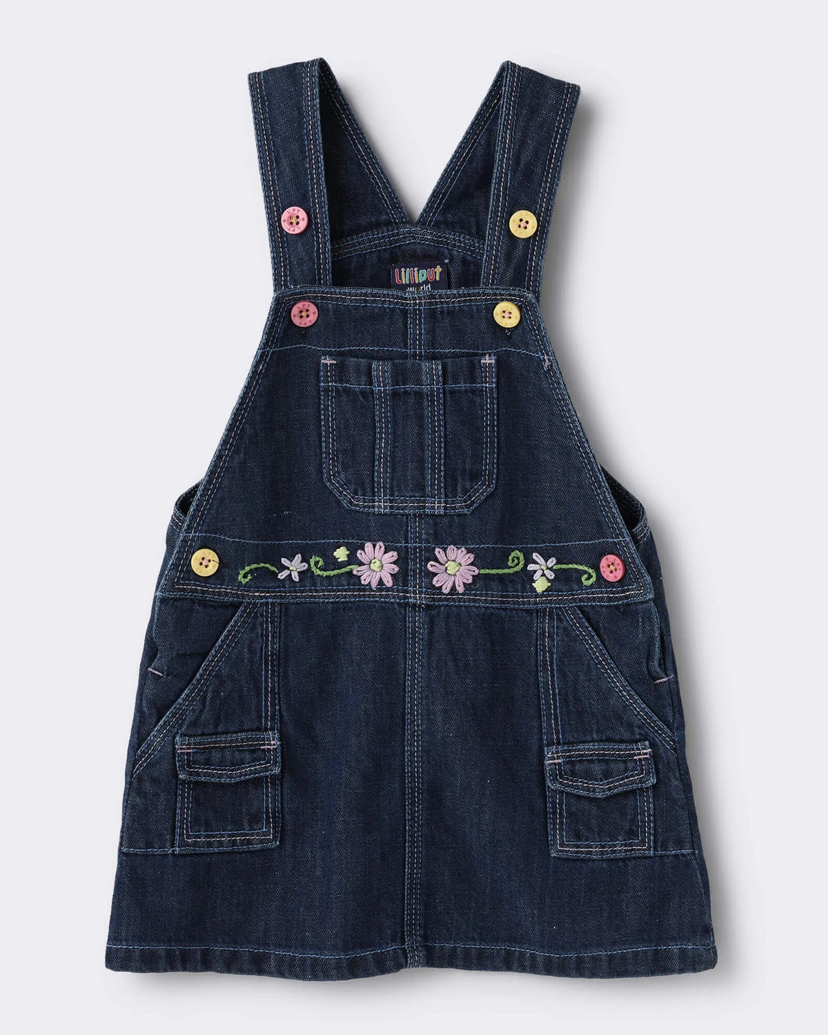 Girls Floral Embroidered Denim Dungaree Dress
