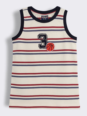 Boys Cotton Striped Sleeveless T-Shirt with Applique