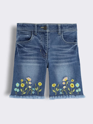Girls Dark Wash Floral Embroidered Denim Bermuda with Frayed Hem