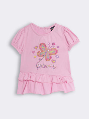Toddler Girls Cotton Knit t shirt with Butterfly Embroidered and sequins