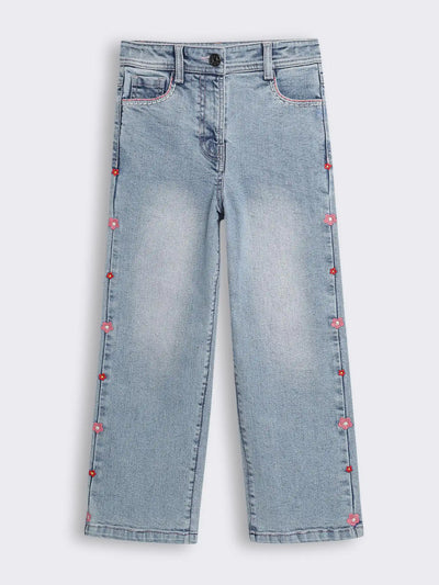 Girls Side Floral Embroidered Denim Jeans