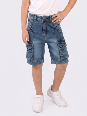 Boys Denim Cargo Bermuda with Contrast Stitch and Pocket Detailing
