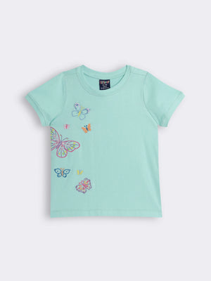 Girls Knit T-Shirt with Butterfly Applique Embroidery