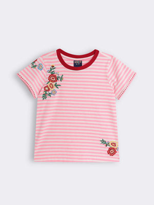 Girls Half Sleeve Striped T-shirt with Floral Embroidery