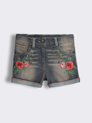 Girls Denim Shorts with Floral Hand Embroidery