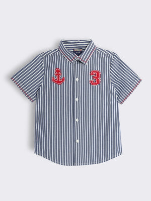 Boys Striped Half Sleeve Shirt with Contrast Applique Patch Embroidery