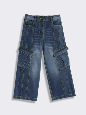 Girls Wide-Leg Cargo Style Denim Jeans with Panel Detailing