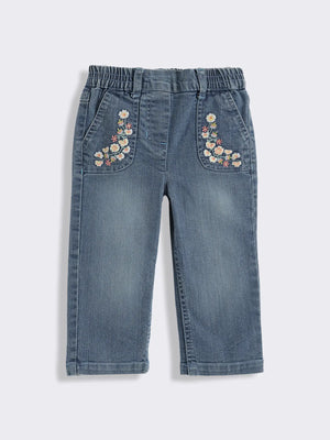 Toddler Girls Denim Jeans with Floral Embroidery