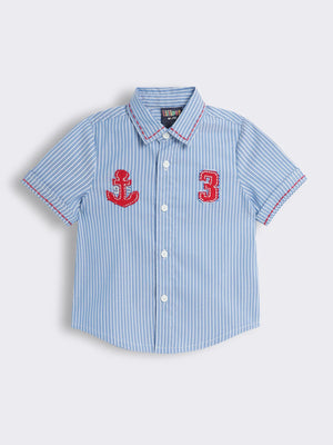 Toddler Boys Striped Half Sleeve Shirt with Contrast Applique Patch Embroidery