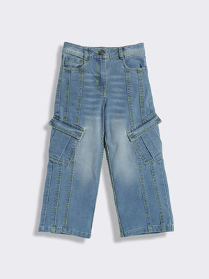 Girls Wide-Leg Cargo Style Denim Jeans with Panel Detailing