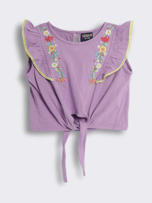 Girls Embroidered Cotton Knit Sleeveless T-Shirt with Tie-Up Knot