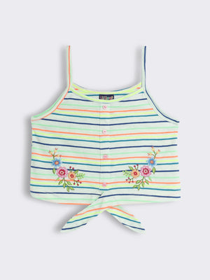 Toddler Girls Striped Top with Floral Embroidery and Tie-Up Hem