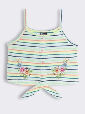 Girls Striped Top with Floral Embroidery and Tie-Up Hem