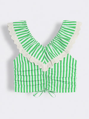 Girls Cotton Striped Top with Lace Trim