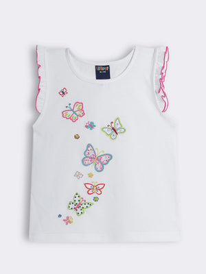 Girls Sleeveless Cotton Knit T-shirt with Butterfly Embroidery and Ruffle Trim