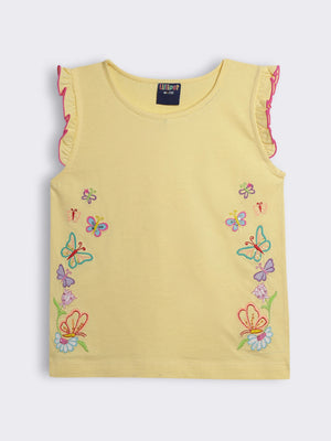 Girls Sleeveless T-shirt with Butterfly Embroidery and Ruffle Trim