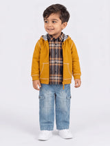 Toddler Boys Zip-Up Hoodie, Checked Shirt and Denim Multi Pocket Utility Jeans 3-Piece Outfit Set