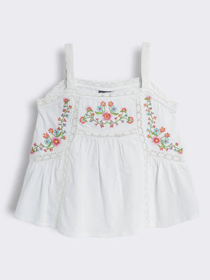 Girls Embroidered Cotton Strappy Top with Lace Detailing