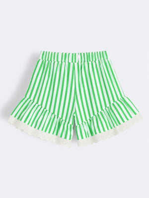 Girls Cotton Striped Shorts with Lace Trim