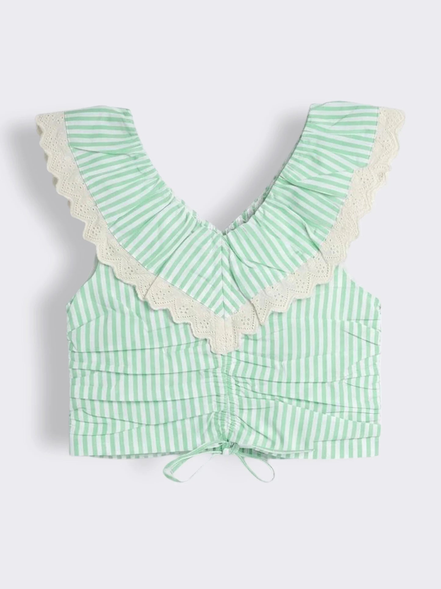 Girls Cotton Striped Top with Lace Trim