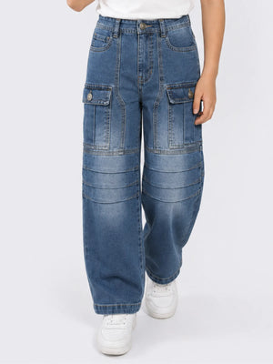 Boys Medium Wash Denim Cargo Jeans with Panel Detailing