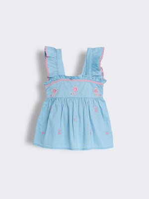 Toddler Girls Chambray Floral Embroidery and Lace Detailing Top