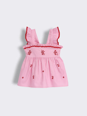 Toddler Girls Chambray Floral Embroidery and Lace Detailing Top