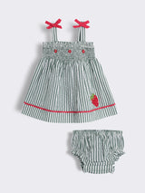 Baby Girls Striped Smocked Cotton Dress with Bloomer