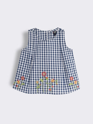 Toddler Girls Gingham Cotton Top with Contrast Embroidery