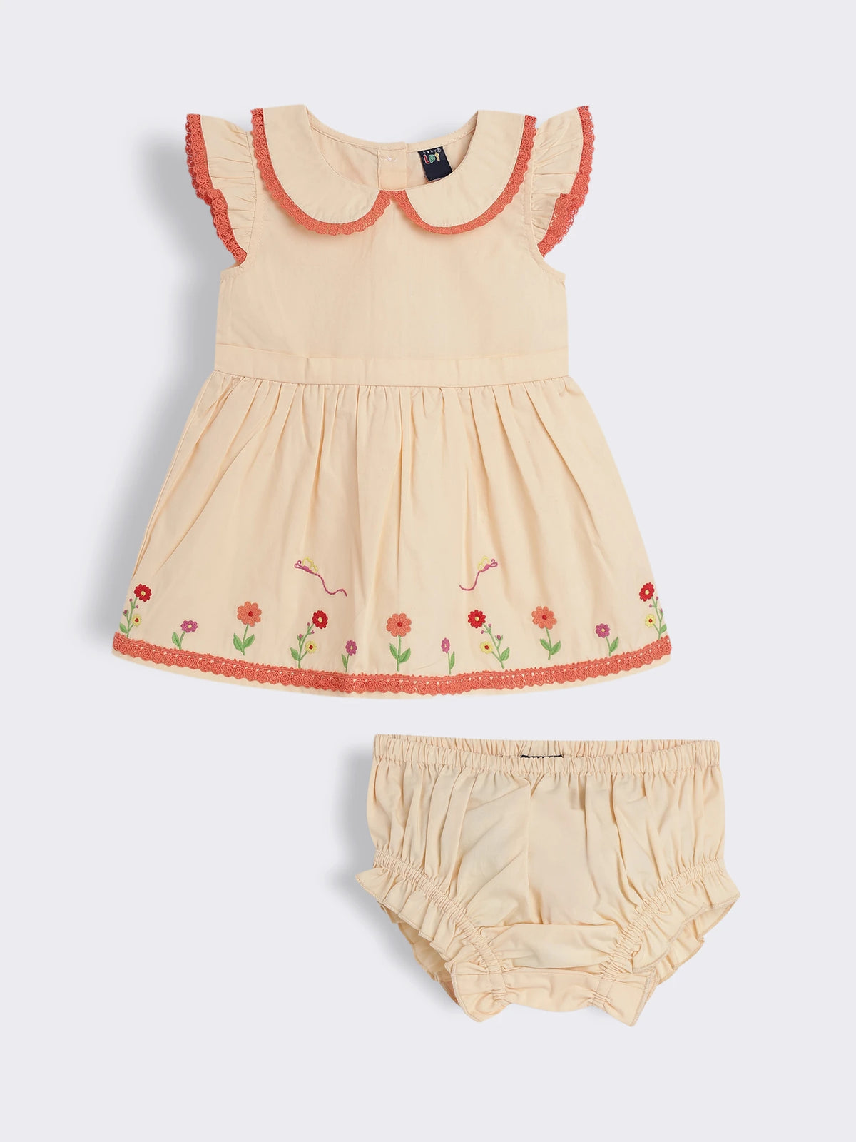 Baby Girls Floral Embroidery Cotton Dress with Bloomer