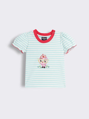 Toddler Girls Striped Knit Top with Bird Embroidery and Contrast Rib Neck