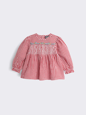 Toddler Girls Gingham Smocked Top with Embroidery