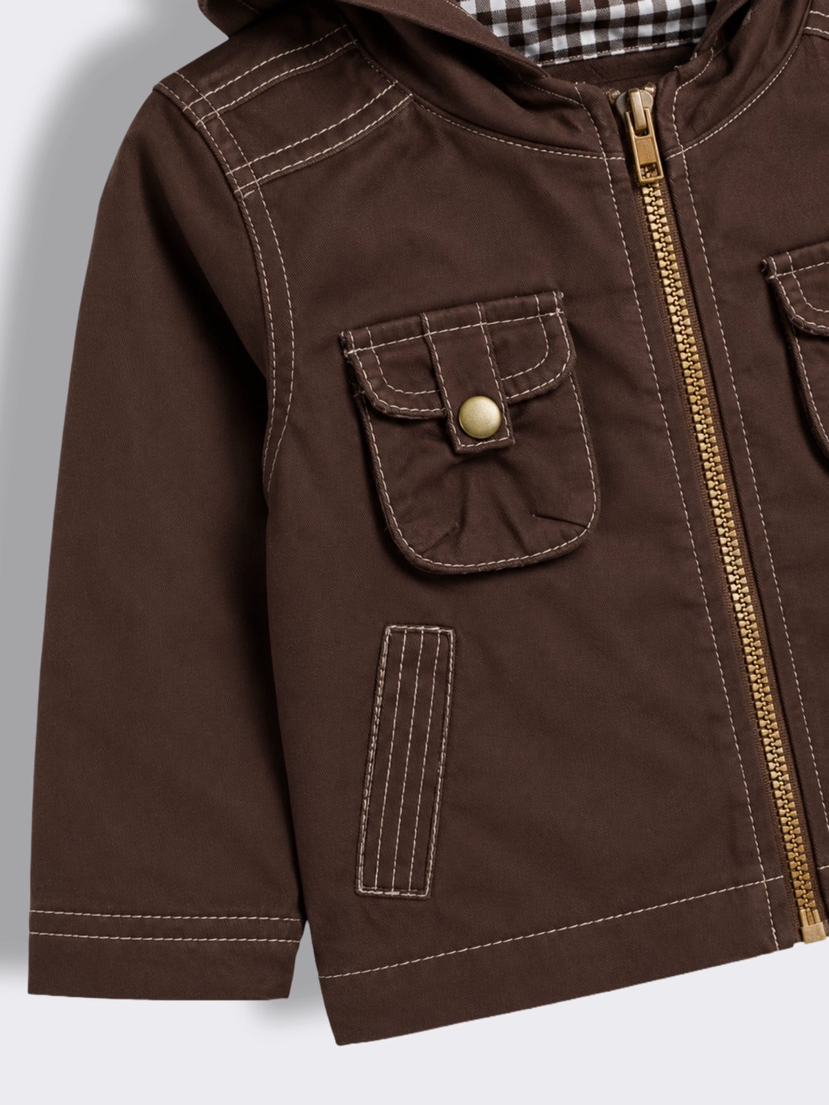 Baby Boys Hooded Twill Jacket with Quilted Check Lining and Utility Pockets