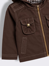 Baby Boys Hooded Twill Jacket with Quilted Check Lining and Utility Pockets