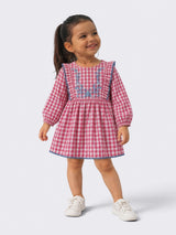 Toddler Girls Cotton Checked Dress with Embroidery