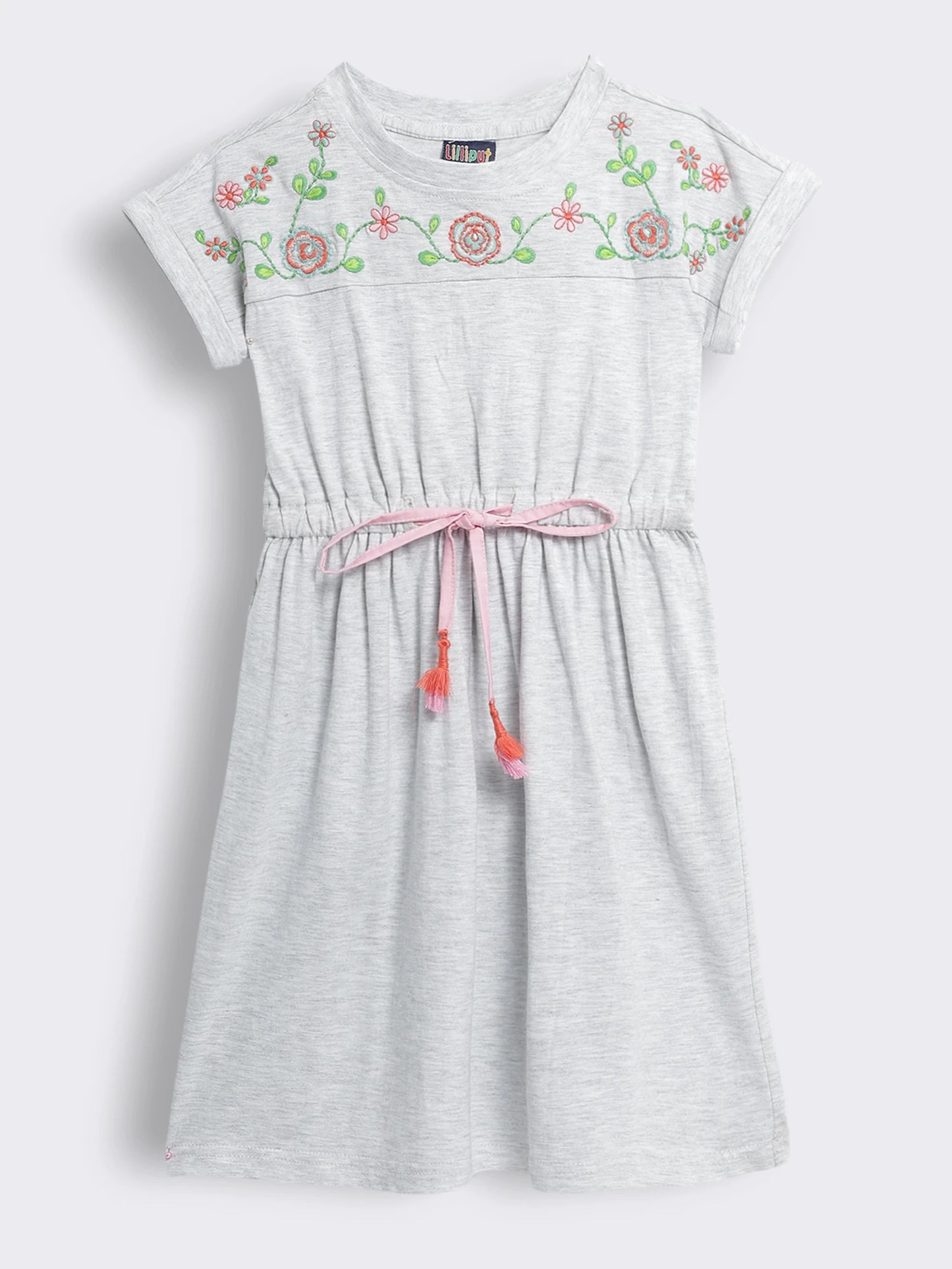 Girls Short Sleeve Cotton Knit Dress with Floral Embroidered Yoke and Tie Waist