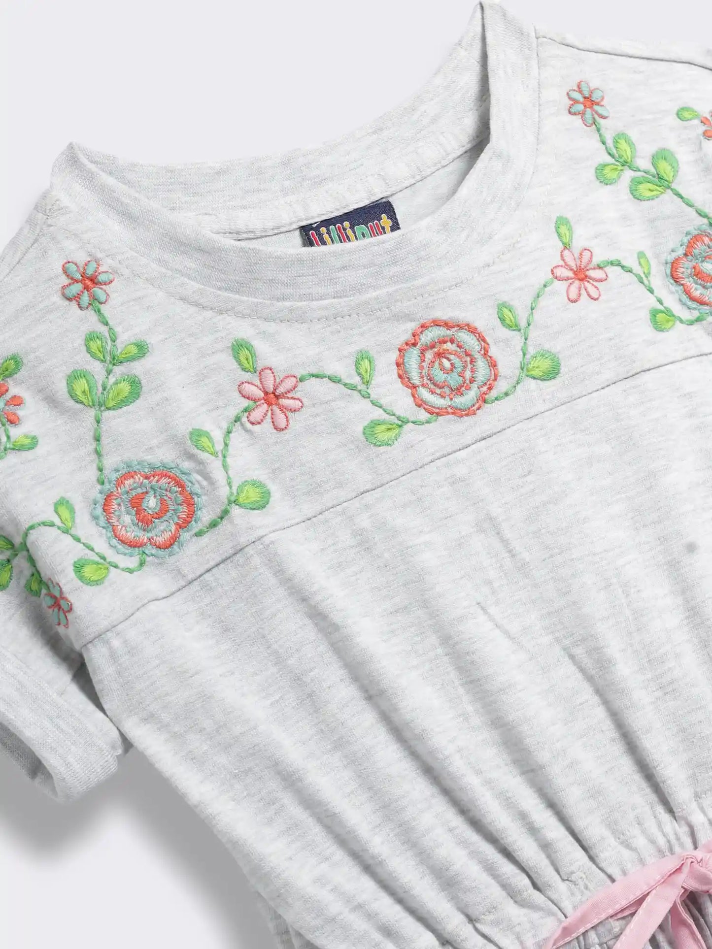 Girls Short Sleeve Cotton Knit Dress with Floral Embroidered Yoke and Tie Waist