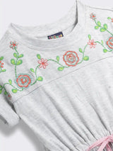 Girls Short Sleeve Cotton Knit Dress with Floral Embroidered Yoke and Tie Waist