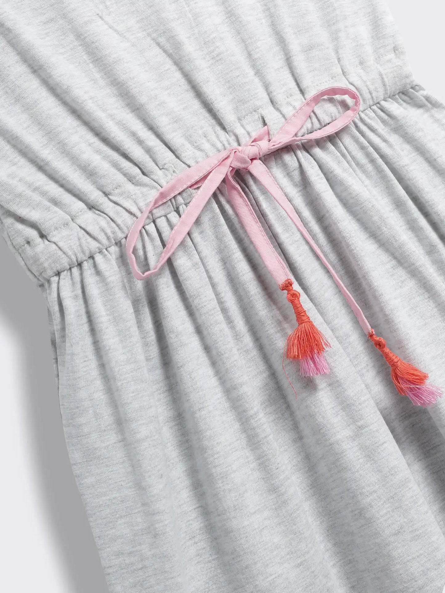 Girls Short Sleeve Cotton Knit Dress with Floral Embroidered Yoke and Tie Waist