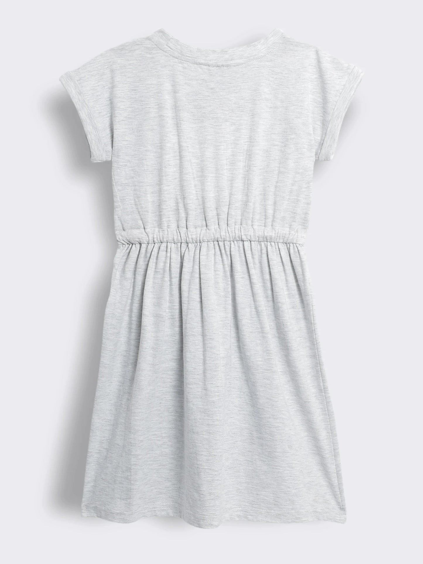 Girls Short Sleeve Cotton Knit Dress with Floral Embroidered Yoke and Tie Waist