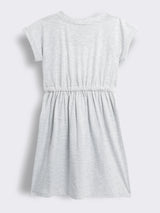 Girls Short Sleeve Cotton Knit Dress with Floral Embroidered Yoke and Tie Waist
