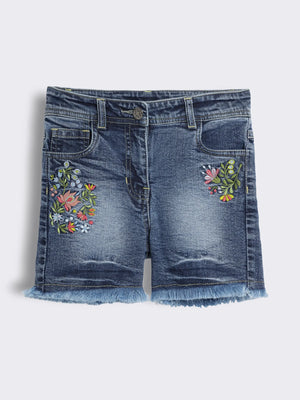 Girls Embroidered Denim Shorts with Fray Edges