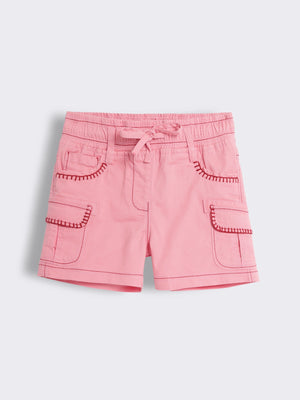 Girls Cotton Utility Shorts with Hand Embroidery, Contrast Stitching and Cargo Pockets