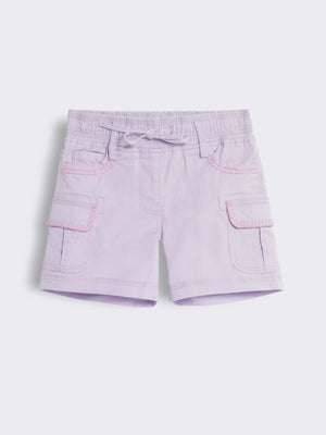 Girls Cotton Utility Shorts with Hand Embroidery, Contrast Stitching and Cargo Pockets