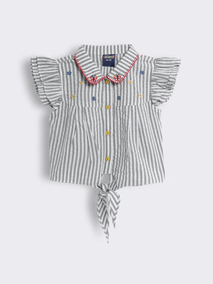 Toddler Girls Striped Embroidered Top with Blanket Stitch Collar and Tie Knot